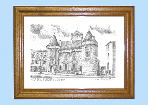 Cadre bois teint impression Noir sur la ville de AUBENAS Titre : chateau (mairie)