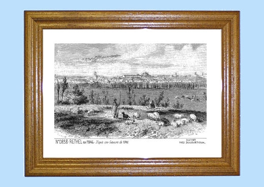 Cadre bois teint impression Noir sur la ville de RETHEL Titre : vue en 1846