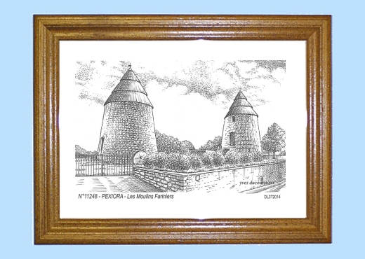 Cadre bois teint impression Noir sur la ville de PEXIORA Titre : les moulins fariniers