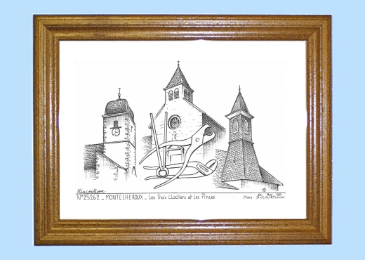 Cadre bois teint impression Noir sur la ville de MONTECHEROUX Titre : les 3 clochers et les pinces