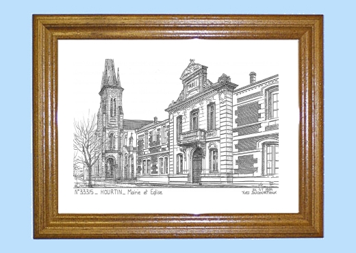 Cadre bois teint impression Noir sur la ville de HOURTIN Titre : mairie et eglise
