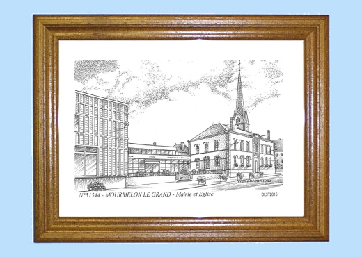 Cadre bois teint impression Noir sur la ville de MOURMELON LE GRAND Titre : mairie et eglise