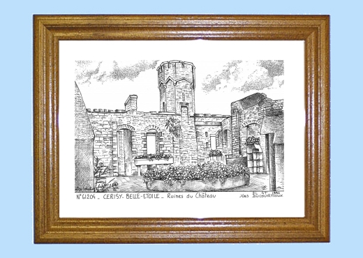 Cadre bois teint impression Noir sur la ville de CERISY BELLE ETOILE Titre : ruines du chateau