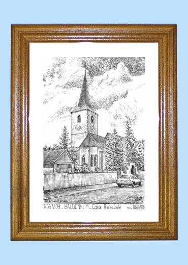 Cadre bois teint impression Noir sur la ville de BALDENHEIM Titre : eglise protestante