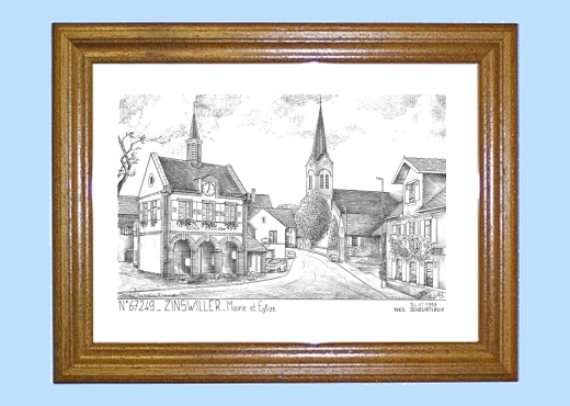 Cadre bois teint impression Noir sur la ville de ZINSWILLER Titre : mairie et eglise