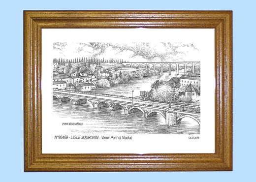 Cadre bois teint impression Noir sur la ville de L ISLE JOURDAIN Titre : vieux pont et viaduc