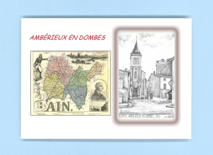 Cartes Postales impression Noir avec dpartement sur la ville de AMBERIEUX EN DOMBES Titre : eglise et tour