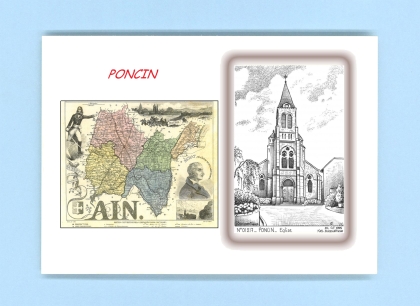 Cartes Postales impression Noir avec dpartement sur la ville de PONCIN Titre : eglise