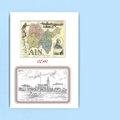 Cartes Postales impression Noir avec dpartement sur la ville de OZAN Titre : ecole, eglise et mairie