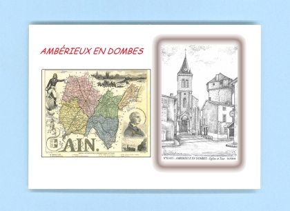 Cartes Postales impression Noir avec dpartement sur la ville de AMBERIEUX EN DOMBES Titre : eglise et tour