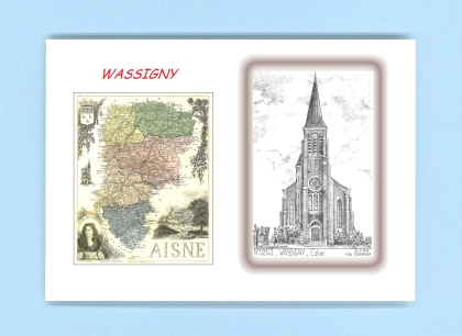 Cartes Postales impression Noir avec dpartement sur la ville de WASSIGNY Titre : eglise