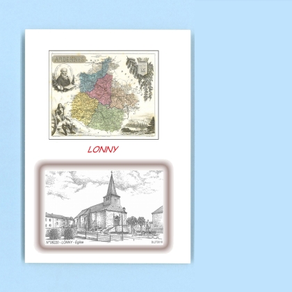 Cartes Postales impression Noir avec dpartement sur la ville de LONNY Titre : eglise