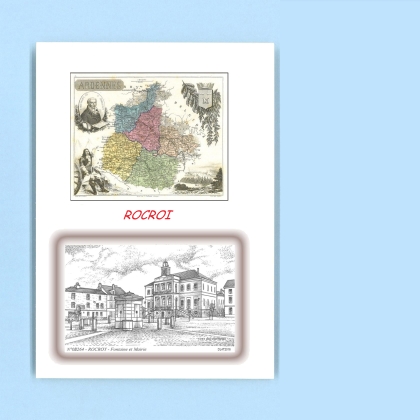 Cartes Postales impression Noir avec dpartement sur la ville de ROCROY Titre : fontaine et mairie
