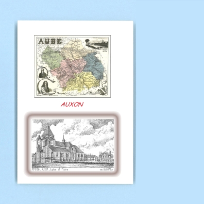 Cartes Postales impression Noir avec dpartement sur la ville de AUXON Titre : eglise et mairie