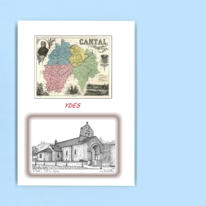 Cartes Postales impression Noir avec dpartement sur la ville de YDES Titre : eglise