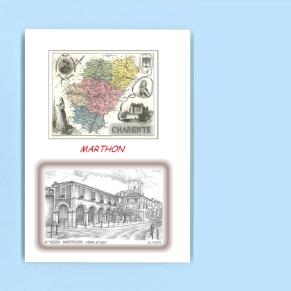 Cartes Postales impression Noir avec dpartement sur la ville de MARTHON Titre : halle et tour