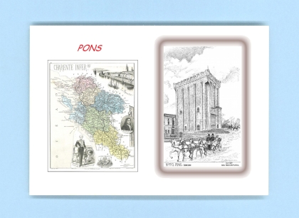 Cartes Postales impression Noir avec dpartement sur la ville de PONS Titre : donjon