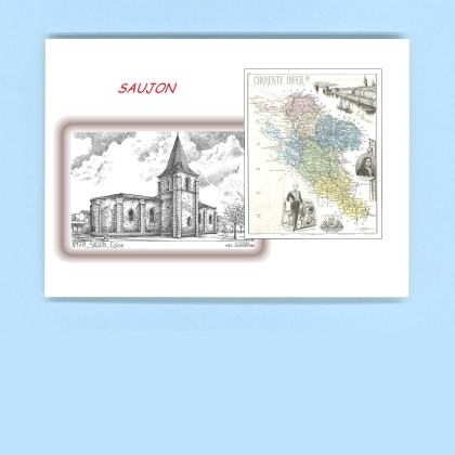 Cartes Postales impression Noir avec dpartement sur la ville de SAUJON Titre : eglise