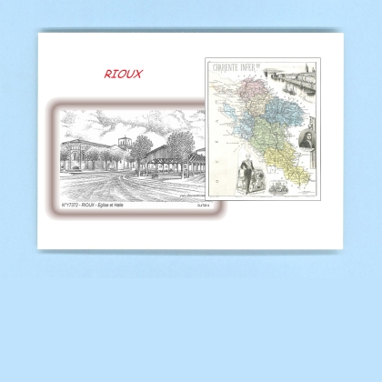 Cartes Postales impression Noir avec dpartement sur la ville de RIOUX Titre : eglise et halle