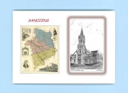 Cartes Postales impression Noir avec dpartement sur la ville de SANCOINS Titre : eglise