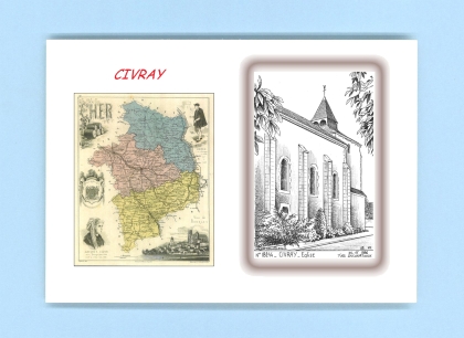 Cartes Postales impression Noir avec dpartement sur la ville de CIVRAY Titre : eglise