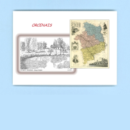 Cartes Postales impression Noir avec dpartement sur la ville de ORCENAIS Titre : etang et eglise