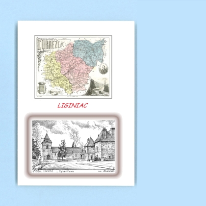 Cartes Postales impression Noir avec dpartement sur la ville de LIGINIAC Titre : eglise et mairie