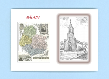 Cartes Postales impression Noir avec dpartement sur la ville de MALAIN Titre : eglise