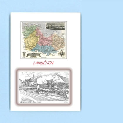 Cartes Postales impression Noir avec dpartement sur la ville de LANDEHEN Titre : eglise et mairie