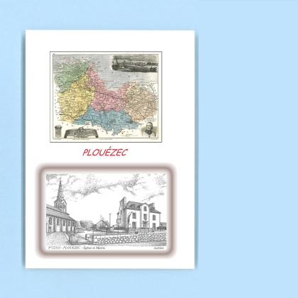 Cartes Postales impression Noir avec dpartement sur la ville de PLOUEZEC Titre : eglise et mairie