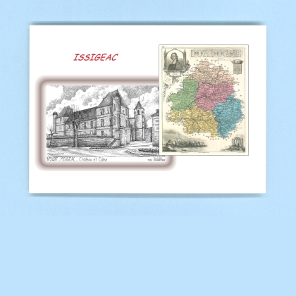 Cartes Postales impression Noir avec dpartement sur la ville de ISSIGEAC Titre : chateau et eglise