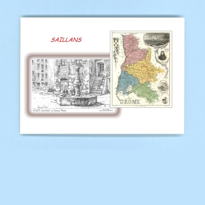 Cartes Postales impression Noir avec dpartement sur la ville de SAILLANS Titre : la fontaine fleurie
