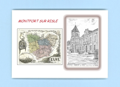 Cartes Postales impression Noir avec dpartement sur la ville de MONTFORT SUR RISLE Titre : eglise et mairie