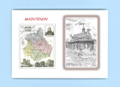 Cartes Postales impression Noir avec dpartement sur la ville de MAINTENON Titre : halles et eglise