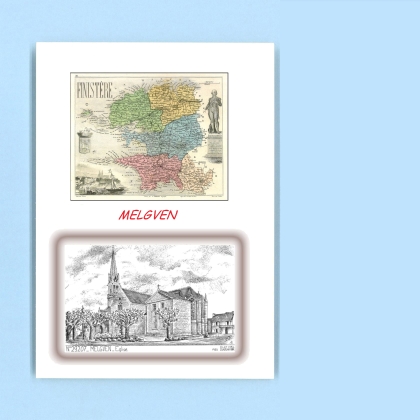 Cartes Postales impression Noir avec dpartement sur la ville de MELGVEN Titre : eglise