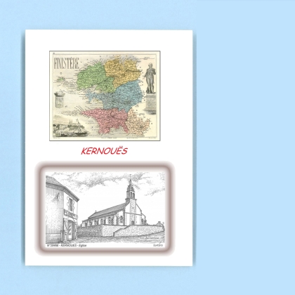 Cartes Postales impression Noir avec dpartement sur la ville de KERNOUES Titre : eglise
