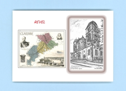 Cartes Postales impression Noir avec dpartement sur la ville de REVEL Titre : eglise