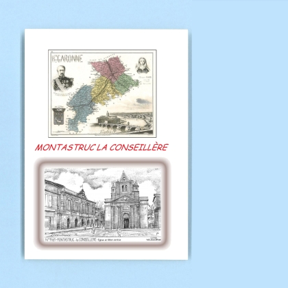 Cartes Postales impression Noir avec dpartement sur la ville de MONTASTRUC LA CONSEILLERE Titre : eglise et hotel de ville