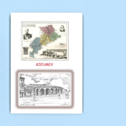 Cartes Postales impression Noir avec dpartement sur la ville de RIEUMES Titre : la halle