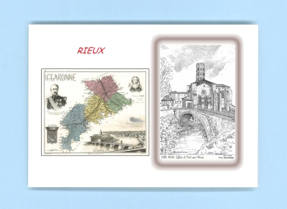 Cartes Postales impression Noir avec dpartement sur la ville de RIEUX Titre : eglise et pont sur l arize