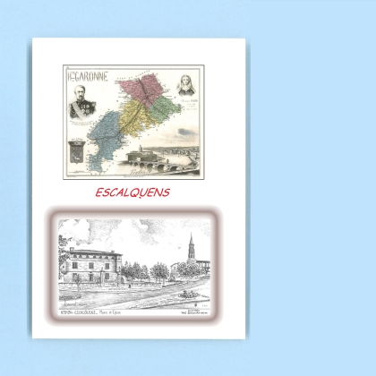 Cartes Postales impression Noir avec dpartement sur la ville de ESCALQUENS Titre : mairie et eglise