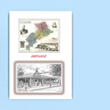 Cartes Postales impression Noir avec dpartement sur la ville de GRENADE Titre : halle