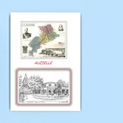 Cartes Postales impression Noir avec dpartement sur la ville de AUZIELLE Titre : eglise et mairie
