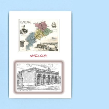 Cartes Postales impression Noir avec dpartement sur la ville de NAILLOUX Titre : halle