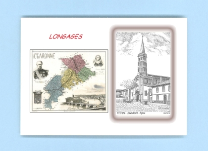 Cartes Postales impression Noir avec dpartement sur la ville de LONGAGES Titre : eglise