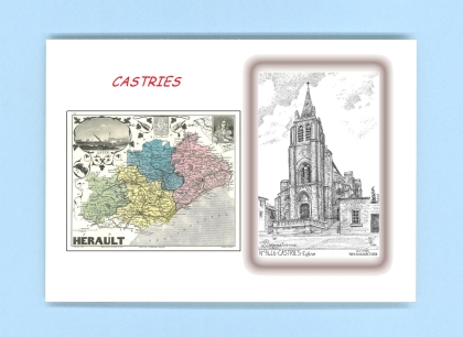 Cartes Postales impression Noir avec dpartement sur la ville de CASTRIES Titre : eglise