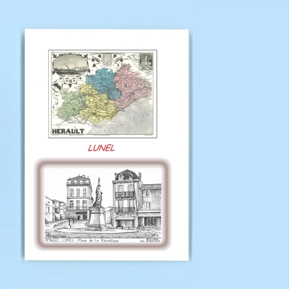 Cartes Postales impression Noir avec dpartement sur la ville de LUNEL Titre : place de la republique