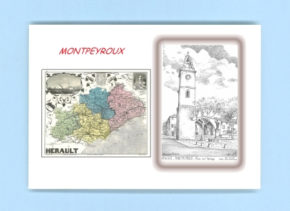 Cartes Postales impression Noir avec dpartement sur la ville de MONTPEYROUX Titre : place de l horloge