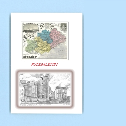 Cartes Postales impression Noir avec dpartement sur la ville de PUISSALICON Titre : eglise et mairie