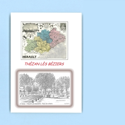 Cartes Postales impression Noir avec dpartement sur la ville de THEZAN LES BEZIERS Titre : place de la mairie